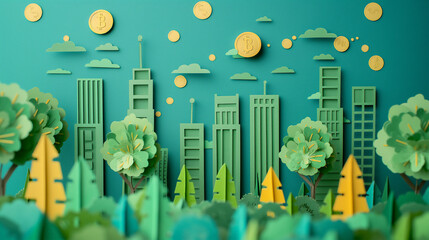 Handcrafted paper cityscape in green and yellow tones featuring cryptocurrency coins, symbolizing the eco-friendly potential of digital finance