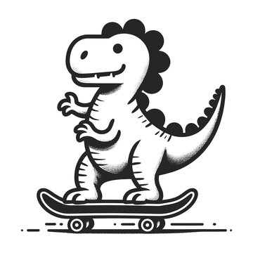 Cartoon dinosaur riding skateboard sketch engraving generative ai raster illustration. Scratch board imitation. Black and white image.