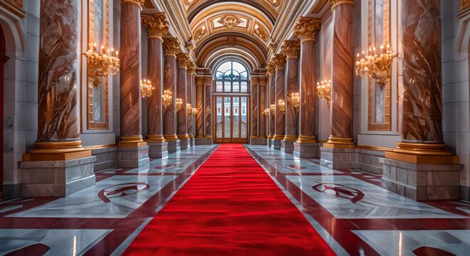 Grand opera house with a red carpet and marble columns