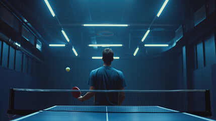 Table tennis player in action, close-up photo. Horizontal banner for ping pong. Photo of a table tennis player for tennis racket packaging design. Image for a box of tennis balls template. - obrazy, fototapety, plakaty