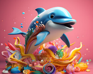 3d illustration of dolphin jumping over the rainbow ocean wave