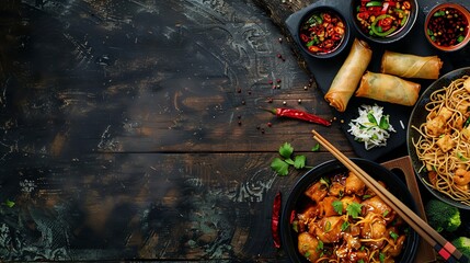 A rustic slate surface Illustrating Chinese Cuisine, noodles, rice, spring rolls, herbs spices with copy space for text - obrazy, fototapety, plakaty