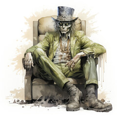 Obraz premium Watercolor zombie king sitting, clipart Illustration, Generative Ai
