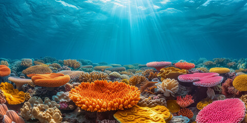 Vibrant coral reef teeming with marine life under sunrays - obrazy, fototapety, plakaty