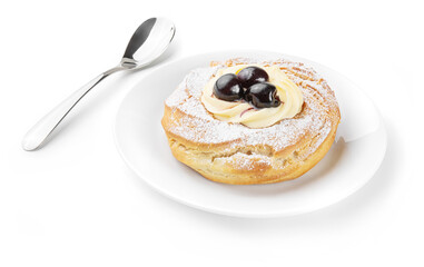 Zeppola di San Giuseppe, Italian dessert with plate and teaspoon isolated on white background, close-up.