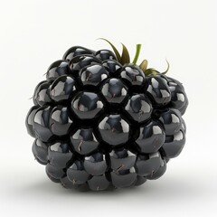 A close-up of a single, ripe blackberry on a white background. The blackberry is a dark, glossy black color and has a few small bumps on its surface.