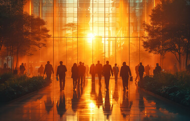 People walking through sun-drenched urban glass corridor