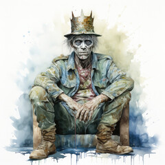 Fototapeta premium Watercolor zombie king sitting, clipart Illustration, Generative Ai