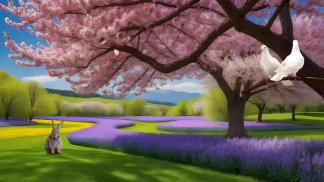 spring in the park with doves and bunny. Seamless looping time-lapse 4k video animation background