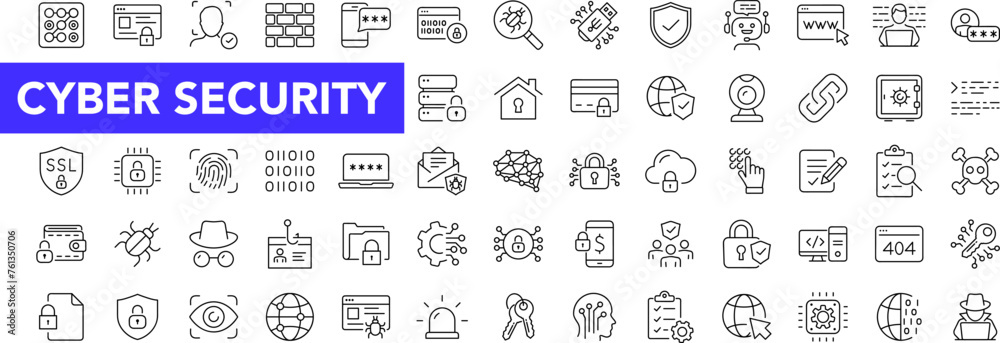 Aufkleber cyber security and success icon set with editable stroke. internet protection thin line icon collect