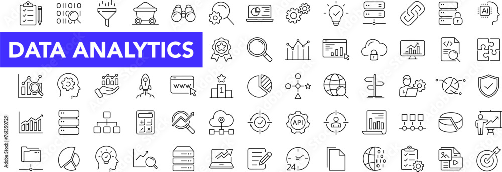 Poster Data analytics icon set with editable stroke. Data analysis thin line icon collection. Vector illustration