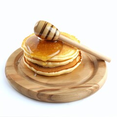 A stack of fluffy pancakes drizzled with golden syrup sits on a wooden plate. A wooden spoon rests beside the pancakes.