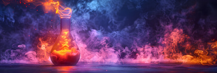 Vivid Chemical Reaction in a Flask with Orange,
A colorful fire is on a black background in the style of animated gifs
 - obrazy, fototapety, plakaty
