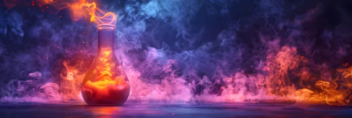 Foto op Canvas Vivid Chemical Reaction in a Flask with Orange, A colorful fire is on a black background in the style of animated gifs  © David