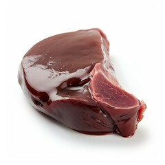 A close-up photo of a single, raw beef liver on a white background. The liver is a deep red color with a slightly rough texture.