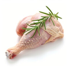 A close-up photo of a raw chicken leg with rosemary sprigs tucked underneath. The chicken leg has smooth, pink skin and rests on a white background.
