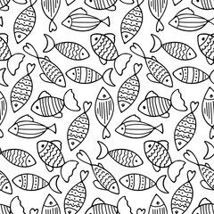 Seamless fish pattern. Abstract Fish doodle Sketch vector icons background. Black white hand drawn fish pattern. Varieties cartoon fishes for children's wallpaper, fabrics, scrapbooking, wallpaper