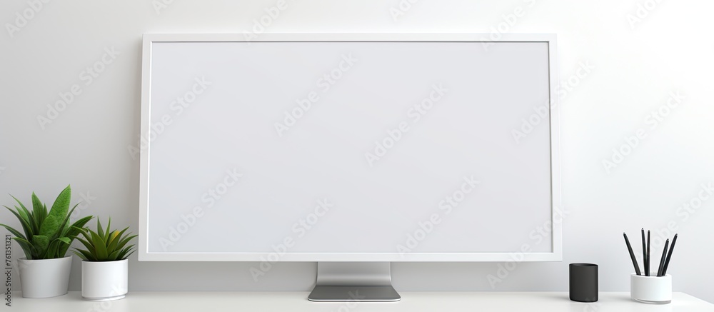Poster a rectangular computer monitor, an output device and display device, sits on a white desk next to po