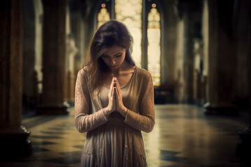 A woman is praying in a church. She is wearing a long dress and is kneeling down. The image has a serene and peaceful mood