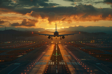 Front view of passenger plane taking off from the airport runway at sunset