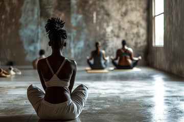 A woman is sitting in a yoga class with other people