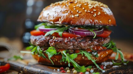 Close up home made beef burger on wooden table