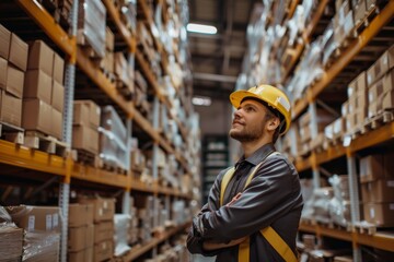 A man at warehouse or storage and shelves with cardboard boxes. Industrial background. 