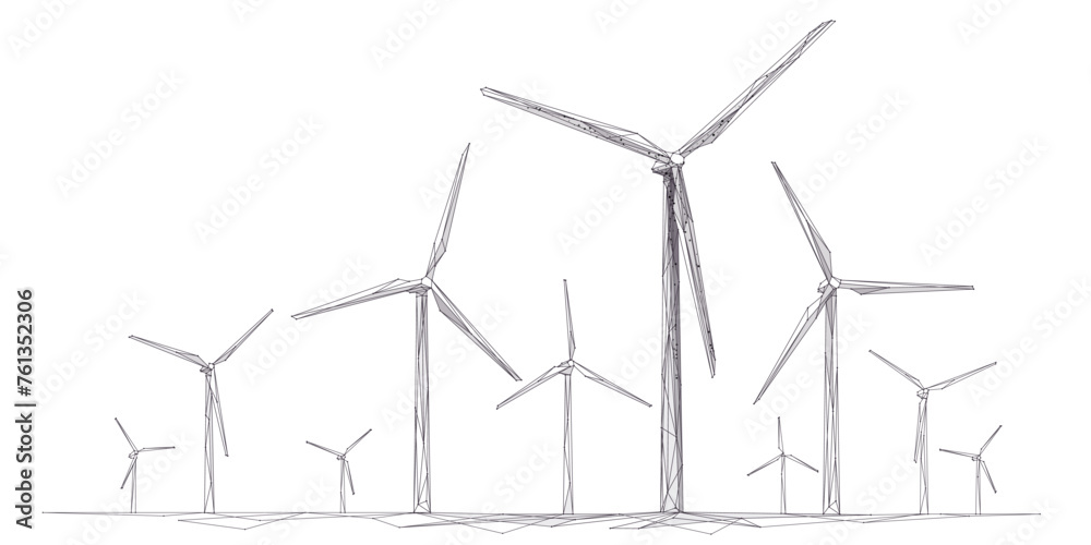 Aufkleber wind energy. wind turbine farm. sustainable or green power concept. polygonal wireframe vector illus