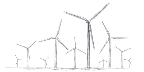 Wind Energy. Wind turbine farm. Sustainable or Green power concept. Polygonal wireframe vector illustration. Windmill in digital low poly sketch style with connected dots, lines on white background.  - obrazy, fototapety, plakaty
