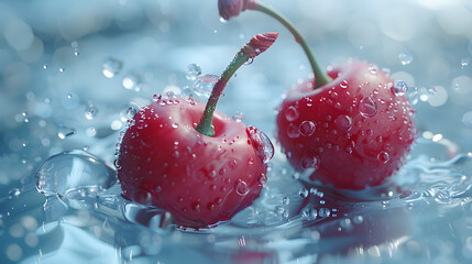 Cherries in water, in the style of photorealistic renderings. For use in covers and posters.