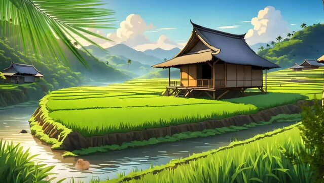 rice fields with wooden hut in the morning. Seamless looping time-lapse 4k video animation background