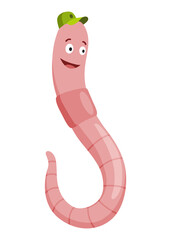 Fototapeta premium Funny worm. Pink crawler amazemented in cap. Earth worm cartoon character, wildlife nature. Insect for kids illustration