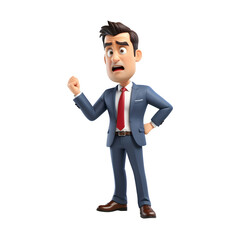 3D frustrated businessman cartoon on transparent background.