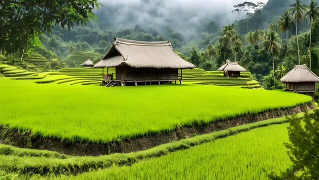 Simple hut in rice field. Seamless looping time-lapse 4k video animation background