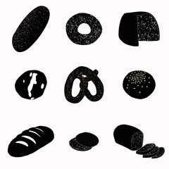 Bakery concept. Icon collection with various kinds of bread stuffed. Bread rolls, bagel, bread and pretzel top view. Isolated on white background. 