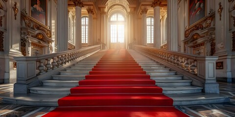 A Majestic Staircase in an Ancient Castle, Lined with Luxurious Red Carpet. Concept Historic Architecture, Opulent Interiors, Luxurious Red Carpet, Majestic Staircase, Ancient Castle