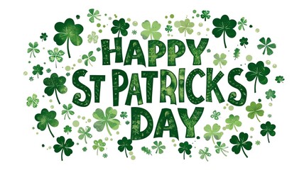 Happy St Patrick's Day Graphic Illustration surrounded by four leaf clovers