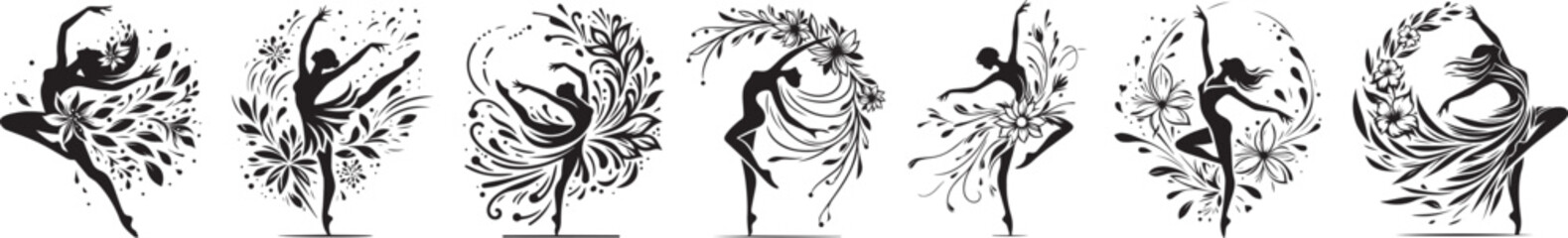ballet dancers adorned with flowers and leaves, elegant performance, black vector graphic - obrazy, fototapety, plakaty