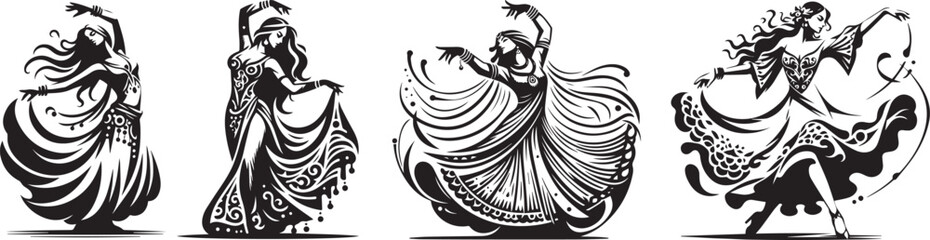 Gypsy dancers, passionate and lively performance, black vector