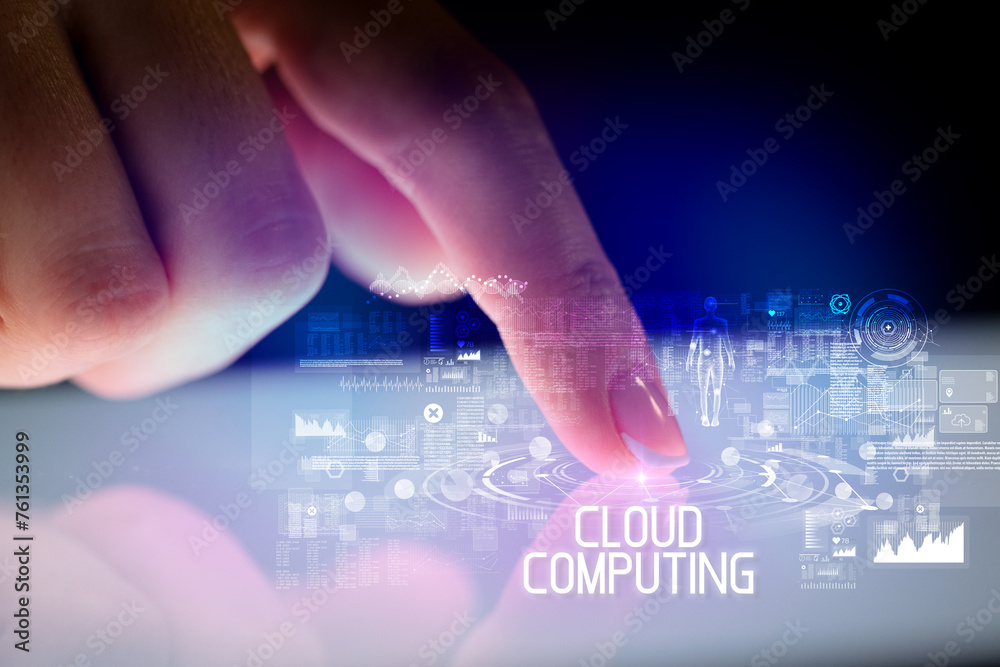 Poster finger touching tablet with web technology icons concept