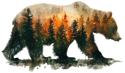 Watercolor Double Exposure of a Brown Bear and Forest, isolated on white . AI generated Illustration. - 761353911