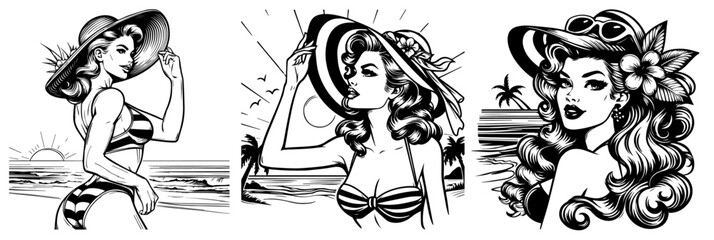 pin-up girls on the beach, playful and charming, black vector
