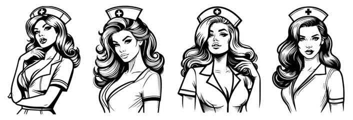 pin-up style girls as nurses, flirtatious portraits, black vector - obrazy, fototapety, plakaty