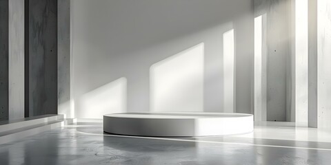Fototapeta premium White pedestal with transparent display case in softly lit minimalist exhibition space. Concept Minimalist Exhibition Space, Transparent Display Case, Soft Lighting, White Pedestal, Interior Design