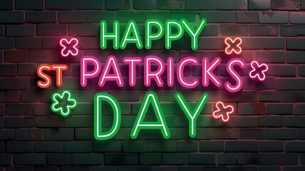 A neon sign on a rustic brick background saying Happy St Patrick's Day