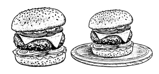 Vector hand drawn sketchy illustrations of burger sandwich fast food meal with cutlet and cheese...