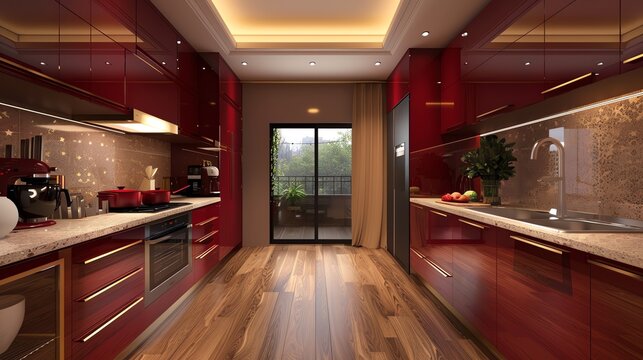 A stylish Modern Burgundy Red kitchen with gold fittings