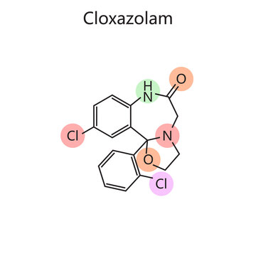 Chemical organic formula of Cloxazolam diagram hand drawn schematic raster illustration. Medical science educational illustration