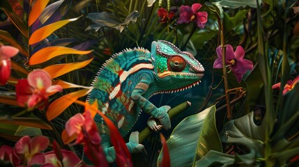 Vibrant Chameleon Concealed in Exotic Jungle Habitat.