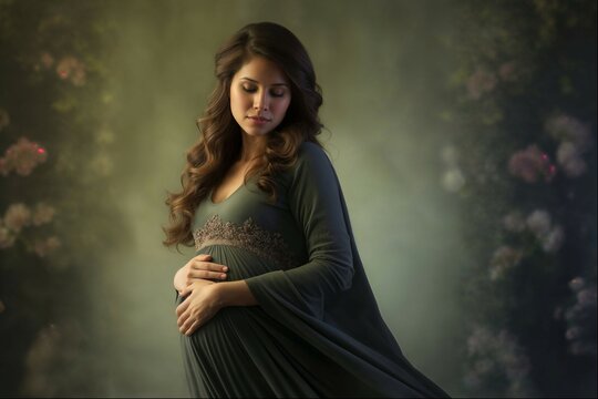 Serene pregnant woman in green dress with mist